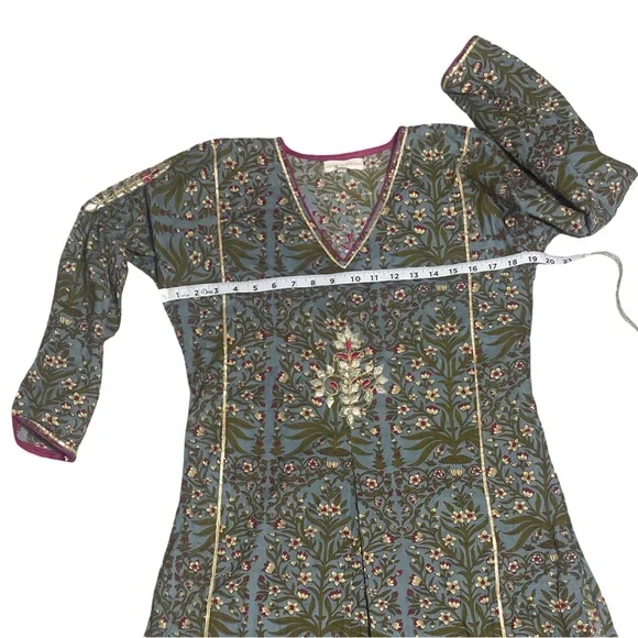 Maison Shefali Hand Block Print Dress - Small - Blue/White/Green Floral - Picture 5 of 11